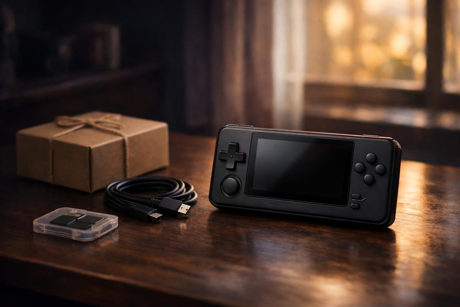 Generic retro handheld on a desk beside a parcel and accessories