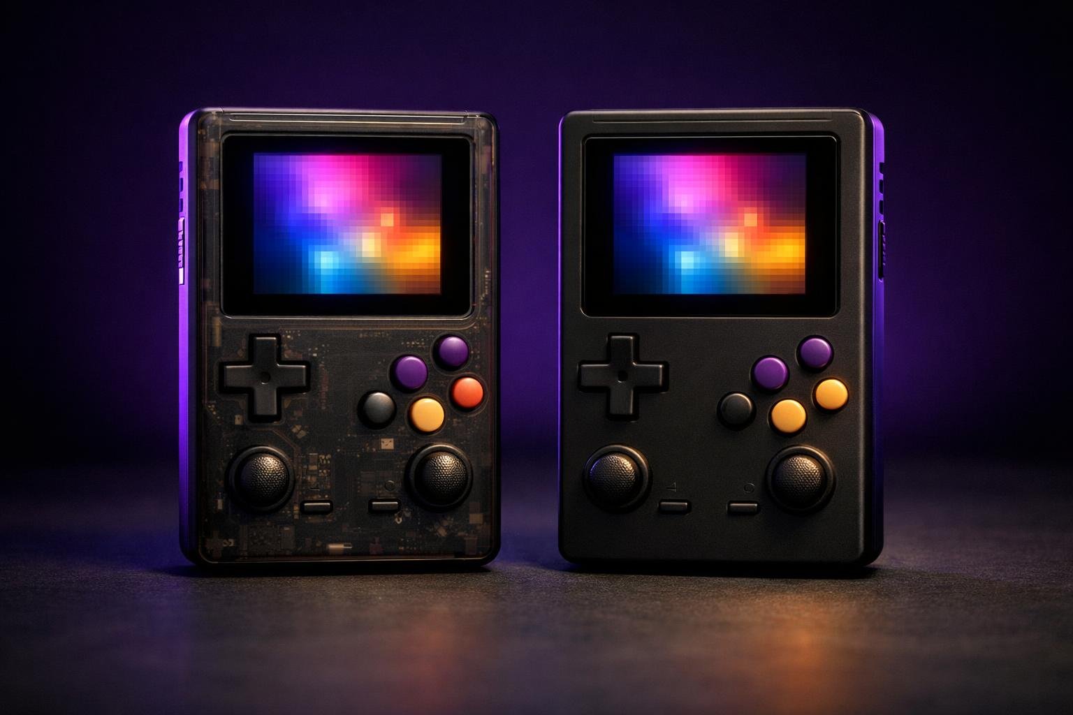 Two vertical Game Boy-style retro handhelds side by side, one in a translucent shell, both with small 4:3 screens lit