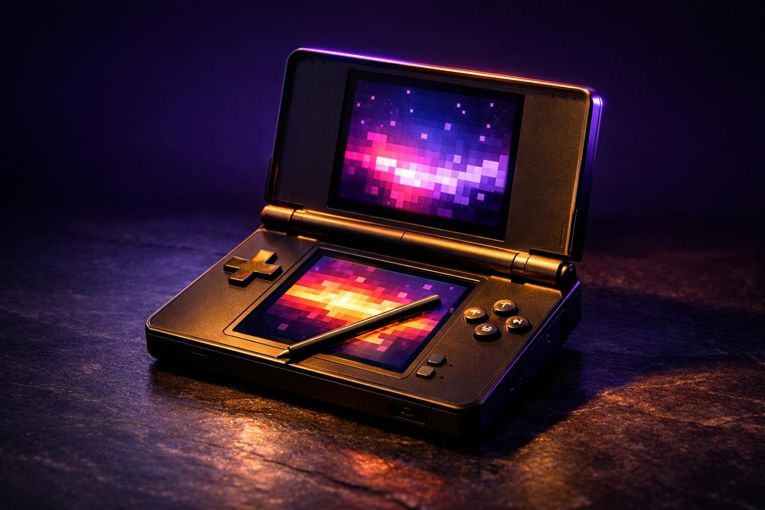 A dual-screen clamshell retro handheld open on a desk with a stylus resting on the lower touchscreen