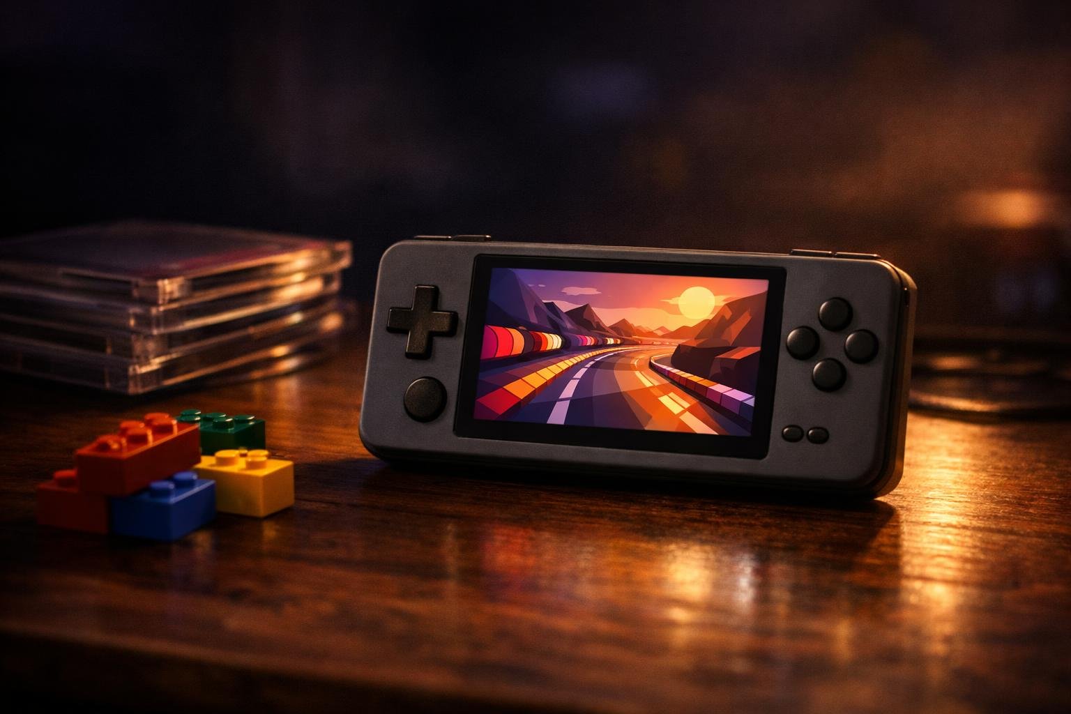 Generic retro handheld beside colourful bricks and game cases for PS1 nostalgia