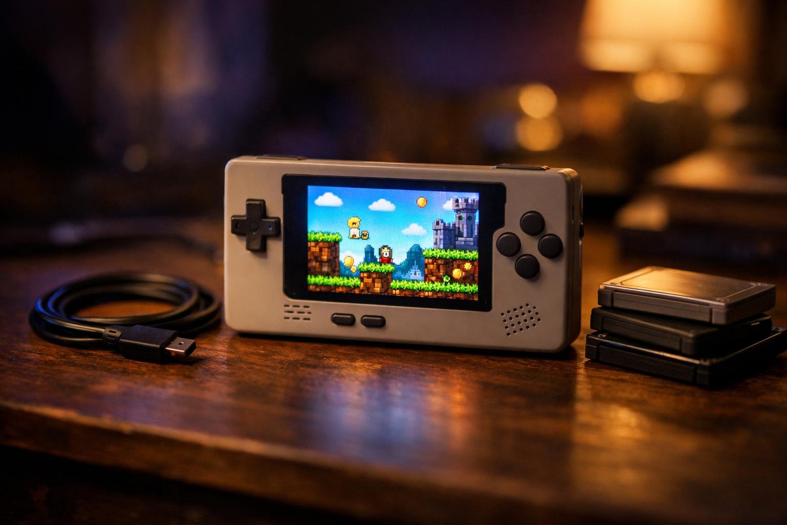 Unbranded retro handheld console being used offline on a desk