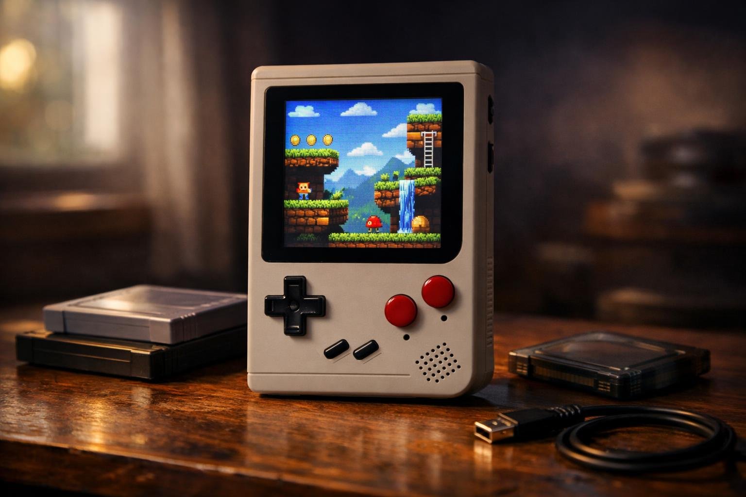 Unbranded retro handheld playing a colourful pixel game on a desk
