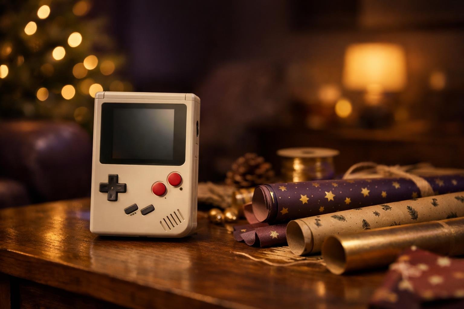 Generic retro handheld console on a table ready to be given as a Christmas gaming gift