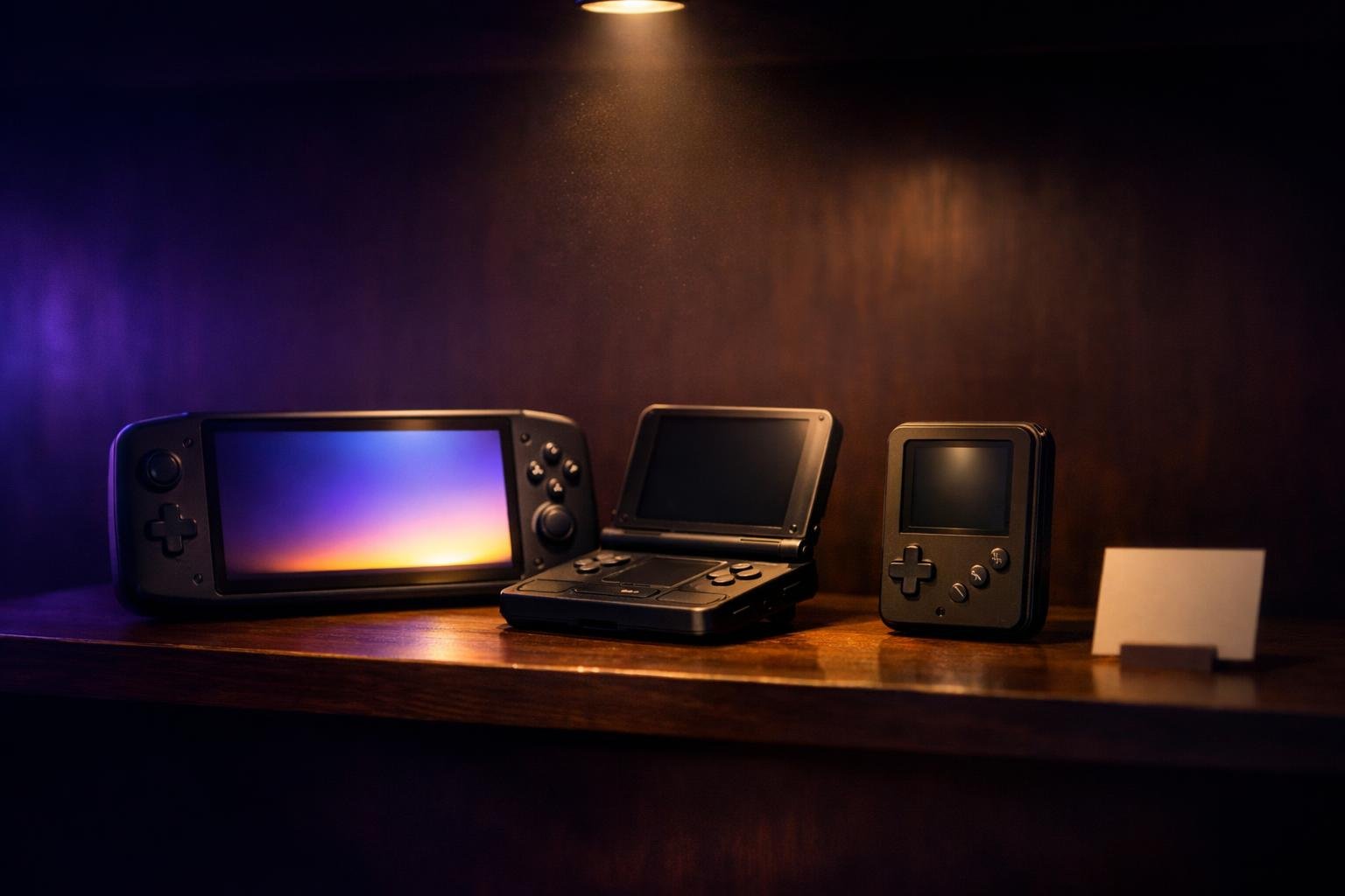 Three Android retro handhelds of different shapes lined up on a dark shelf under a single spotlight, one clamshell, one widescreen, one vertical