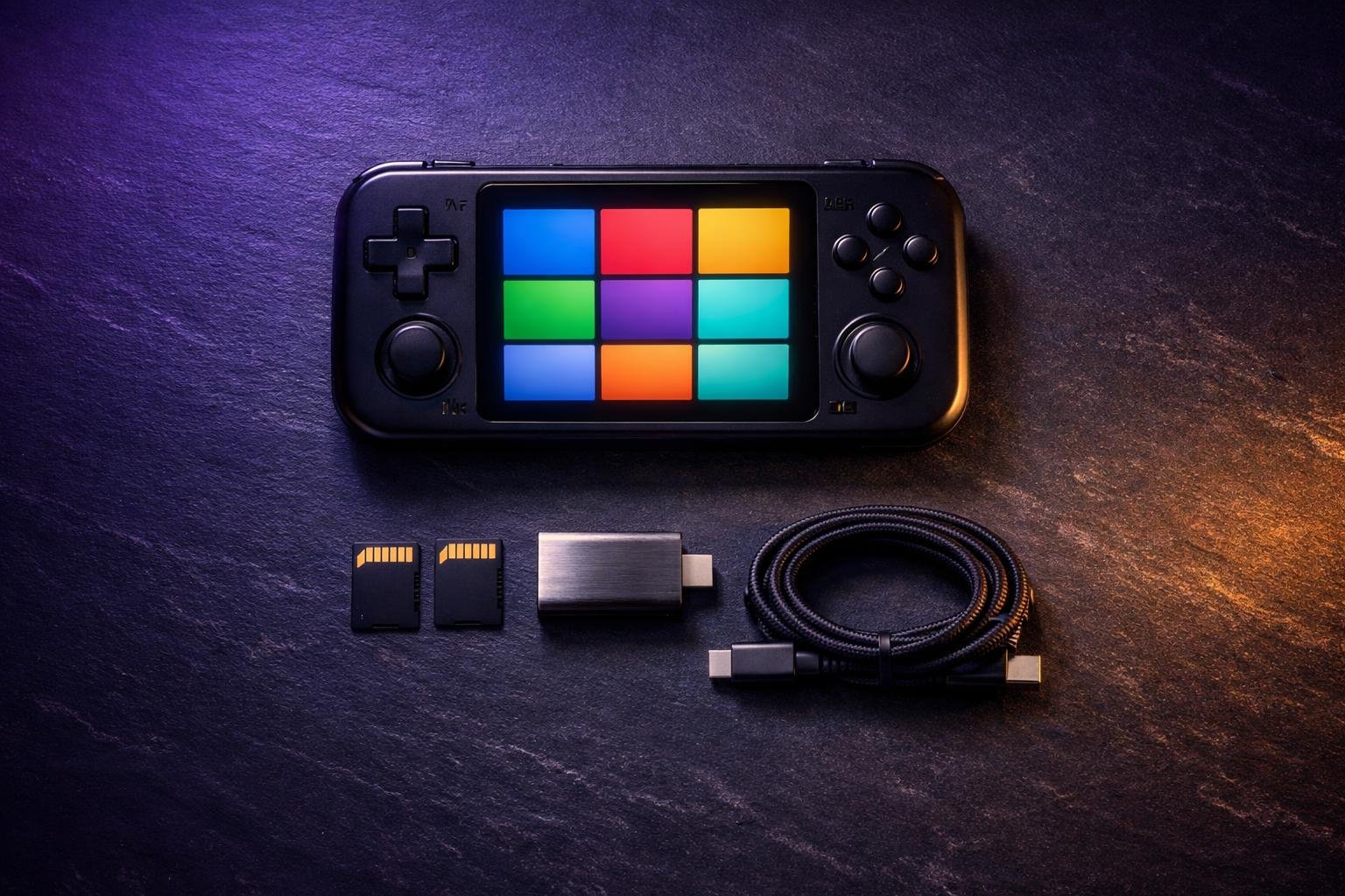 A horizontal retro handheld on a desk with two microSD cards laid out in front of it beside a card reader