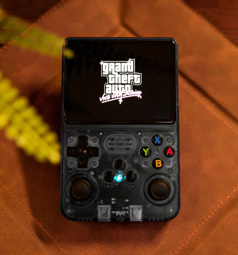 R36S Black Retro Handheld Console Playing GTA Vice City - Classic Gaming Experience